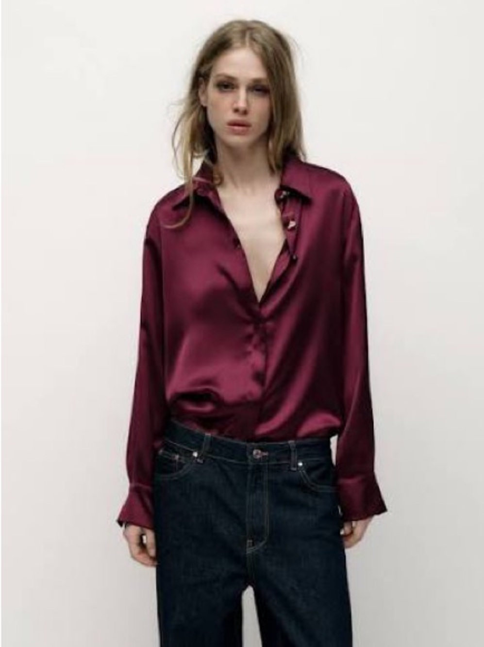 Zara Burgundy Red Satin Gold Button Long Sleeve Button Down Top